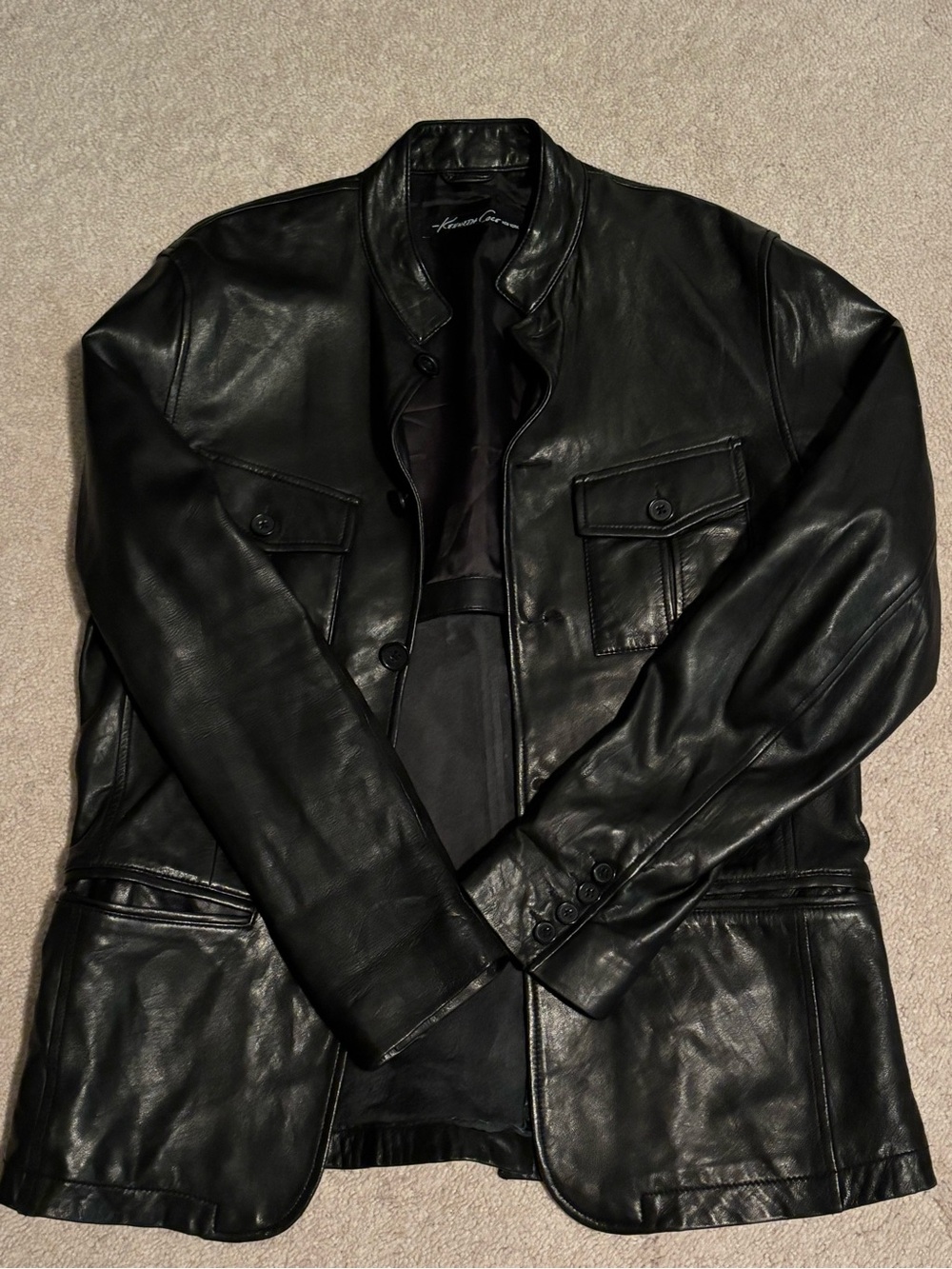 Kenneth Cole New York Black Leather Bomber-Style Jacket
